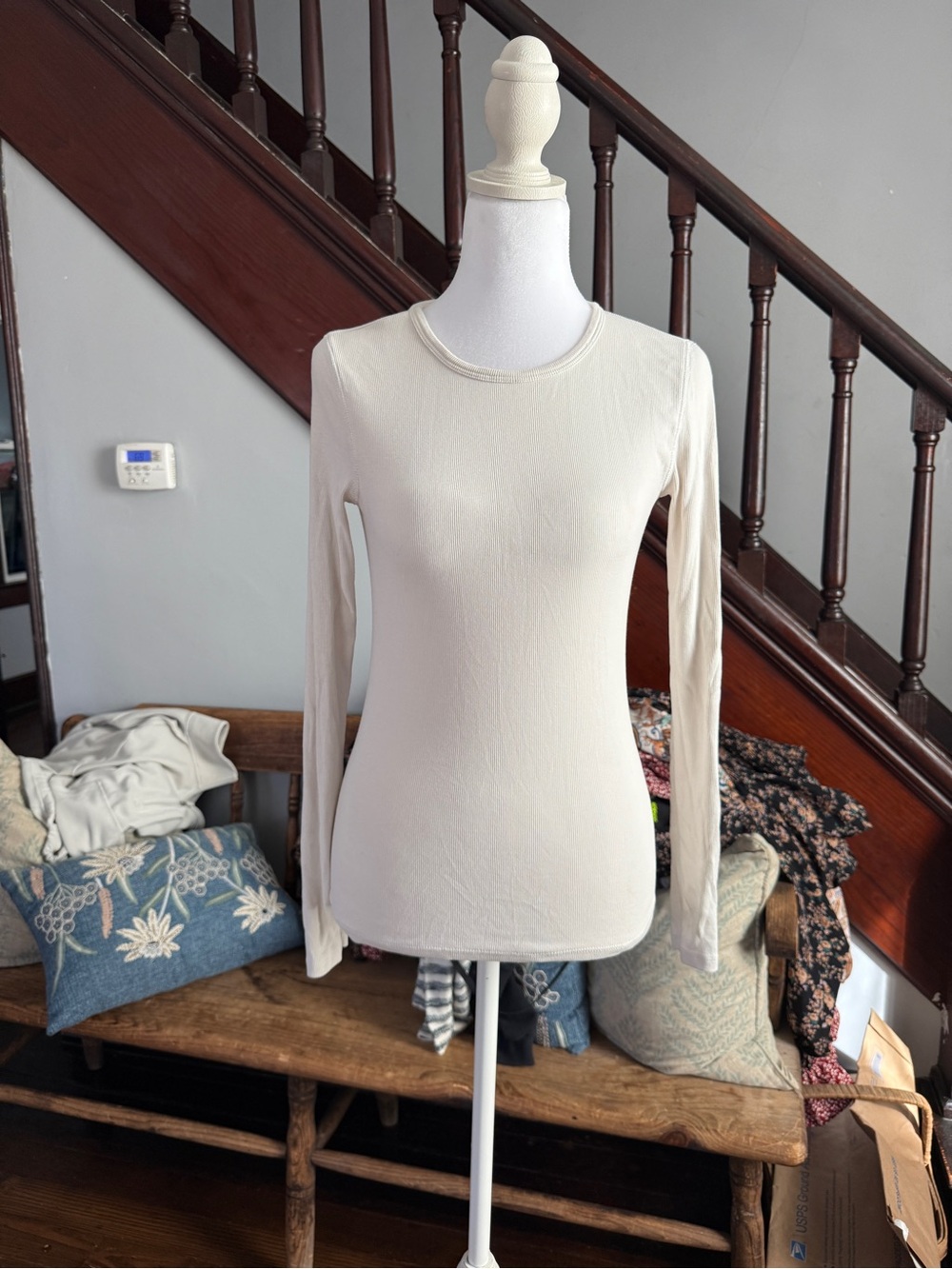 Everlane Cream Off White Ribbed Pima Cotton Long Sleeve Tee S Minimalist Layer